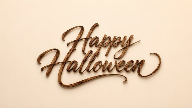 Elegant happy halloween calligraphy greeting card design featuring sophisticated brown script text on a light beige background