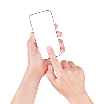 Hands holding smartphone with blank screen isolated on white background, mobile app mockup concept for online service, UI design, digital trust, verification, advertising, ecommerce, presentation and 