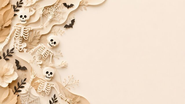 Minimalist halloween background with cute skeletons and flying bats on a soft beige paper texture copy space