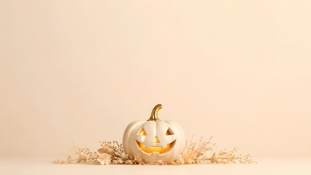 Minimalist halloween still life featuring a single white pumpkin surrounded by small dried flowers on a beige background