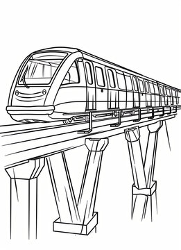 Outline illustration of a modern train on elevated tracks, showcasing structural supports and train design details in a minimalist style