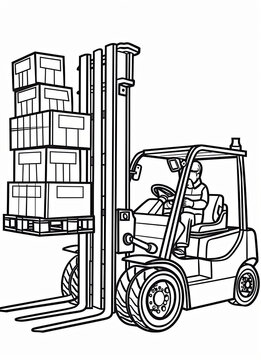 Illustration of a forklift operator lifting stacked boxes in a warehouse setting, showcasing the machinery and cargo handling process in a clear line art style