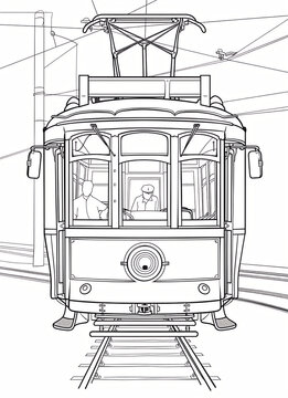 Vintage tram illustration featuring two operators inside the cabin, with overhead wires and tracks visible in the foreground and background