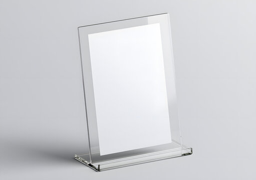 A mockup flyer in glass, plastic, and transparent holder in PNG format, with a transparent background and 3D rendering.