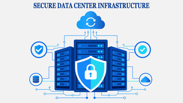 Secure data center infrastructure. Protected server network. Cloud synchronization security. Flat illustration