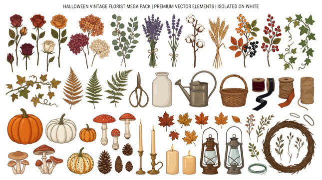 A comprehensive collection of vintage-style floral elements, autumn foliage, pumpkins, and various rustic household objects like lanterns and ribbons, are displayed on a clean white background.