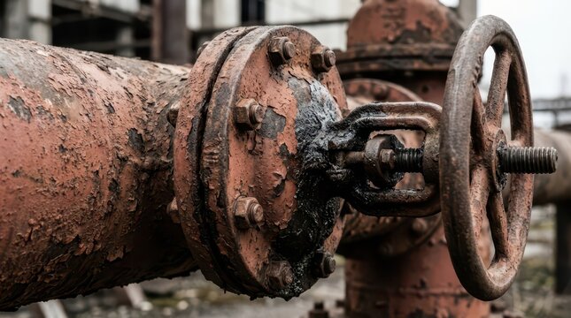 Rusty valve wheel and leaking oil on pipeline flange for maintenance background and corrosion inspection design