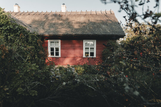 View of a traditional red wooden house with a thatched roof nestled among lush greenery on Vormsi island in Laane County, Estonia.