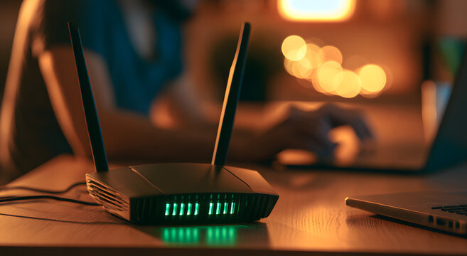 a wireless router equipped with dual antennas and green blinking lights sits on a wooden desk as blurred hands type on a laptop under warm, softly focused, evening light, creating a cozy and concentra