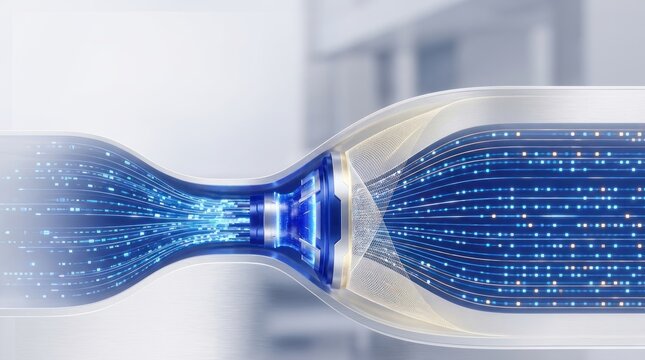 Digital enterprise data flow widening through a capacity control node, blue technology stream with white copy space for process optimization banner