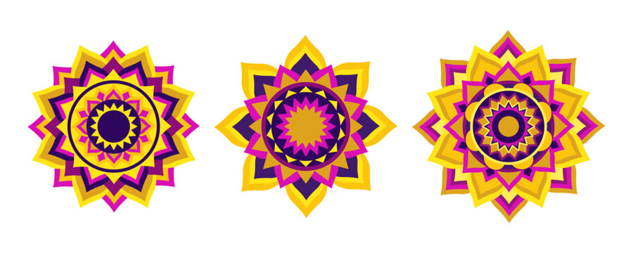 Set of three colorful Diwali mandala rangoli icons isolated on white background. Indian culture. Colorful floral geometric ornaments. Flat style. Vector illustration