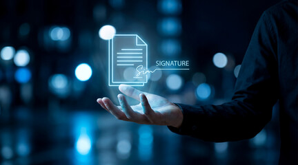 Fototapeta premium Business professional holding digital signature document hologram representing modern electronic contract workflow technology solutions concept