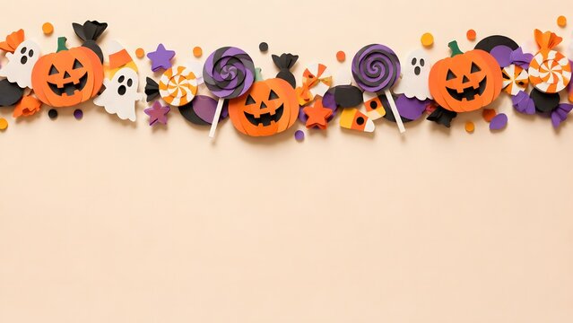 Festive halloween background with pumpkins and sweets arranged in a top border on a light orange surface