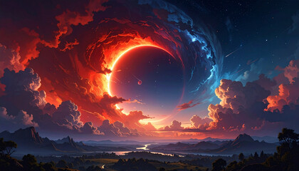 Epic Night Sky with Glowing Red Eclipse and Storm Clouds Immersive Composition