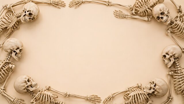A spooky halloween background featuring a decorative border made of human skeletons on a light beige textured surface