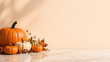 Obraz premium Minimalist halloween background with small pumpkins and autumn leaves on a light beige surface with copy space