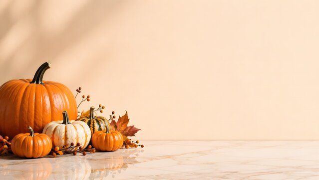 Minimalist halloween background with small pumpkins and autumn leaves on a light beige surface with copy space