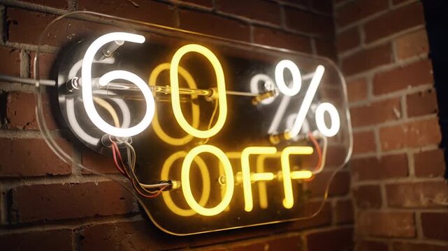 Glowing neon sixty percent off sign on brick wall