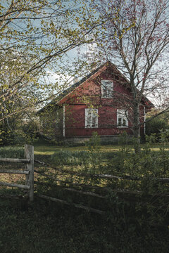 Laane County, Estonia - 19 May 2025: View of a traditional red wooden house on Vormsi island, surrounded by lush green grass, trees, and a rustic wooden fence under soft daylight.