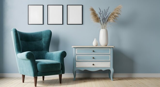 Cozy armchair in a minimalist living room. Modern interior design with empty picture frames.