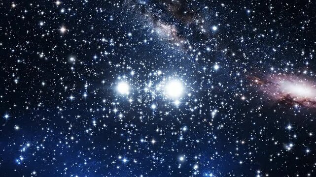 Cinematic deep space travel through glowing star cluster and nebula galaxy background, stars universe