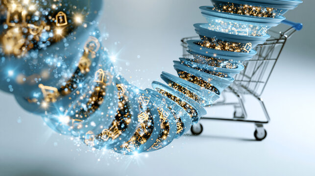 Bright illustration of an online shopping artificial intelligence recommendation engine funnel glowing product icons flowing through layered funnel stages toward a shopping cart