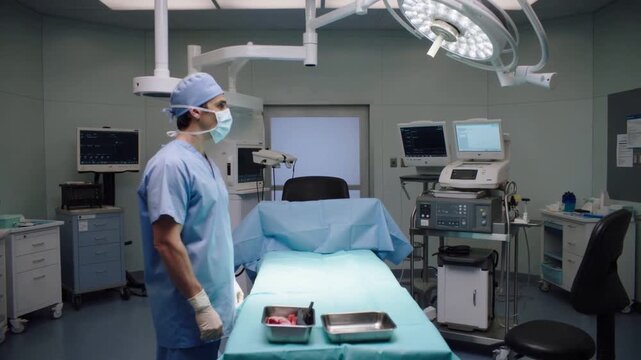 Surveying surgeon in scrubs in OR adjusting gaze at light and vitals before surgery, trays
