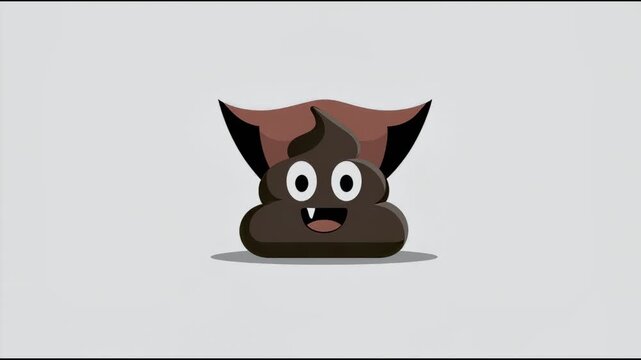 Funny Halloween vampire poop emoji wearing a cape with fangs, minimalist 2D motion graphic animation on white background, seamless loop