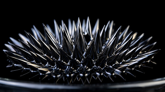 Ferrofluid sculpture rises from a circular base to create a series of dark obsidian needles that highlight the interaction between magnetism and oil-based substances in a controlled setting.