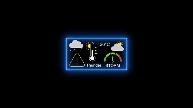 Digital weather forecast dashboard with animated storm warning gauge and temperature display interface