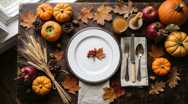 A festive rustic table setting with pumpkins and autumn leaves to celebrate a warm and cozy happy thanksgiving day with family and friends