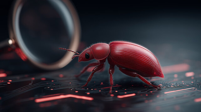A computer bug walking across electronic circuits represents malware infection and digital system vulnerability analysis.
