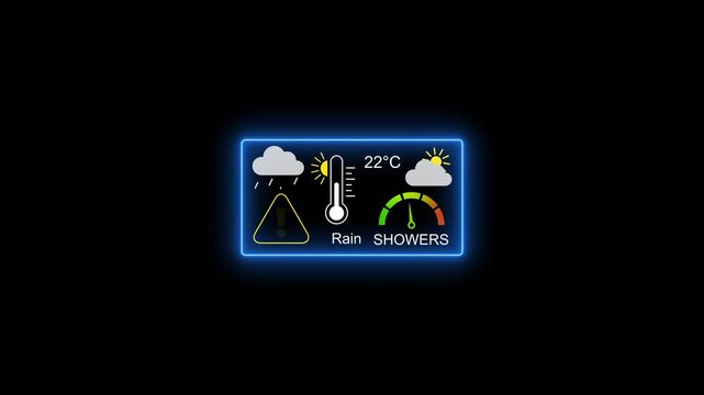 Digital weather forecast dashboard with animated rain gauge and temperature display interface