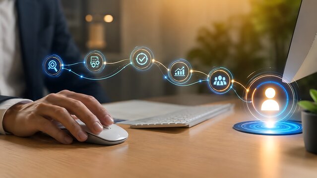 Close up hand using computer mouse with glowing digital customer journey workflow line connecting online search user profile analytics and automated business process