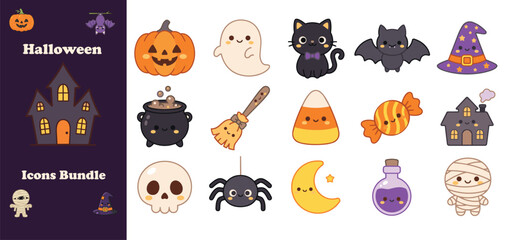 Obraz premium Set of cute watercolor halloween stickers featuring pumpkins ghosts bats cats spiders and other spooky holiday themed decorative elements