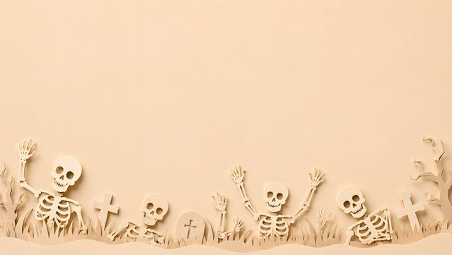 Cute skeletons rising from the ground in a minimalist halloween background with plenty of copy space for text