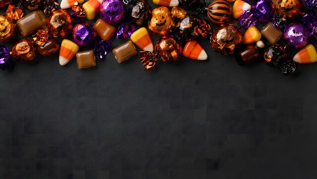Top border of assorted halloween candy corn and chocolate treats on a dark rustic stone background