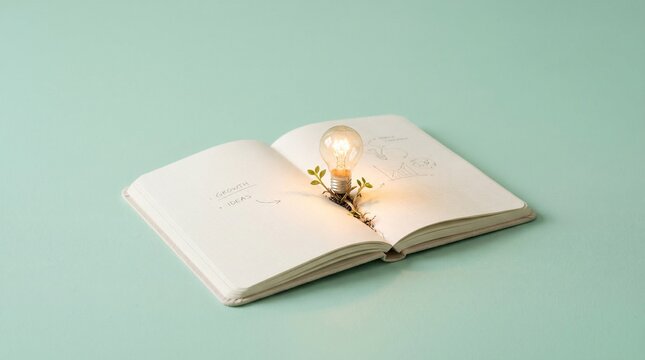 Glowing lightbulb with a green plant sprout growing from an open blank notebook representing creative ideas and intellectual growth
