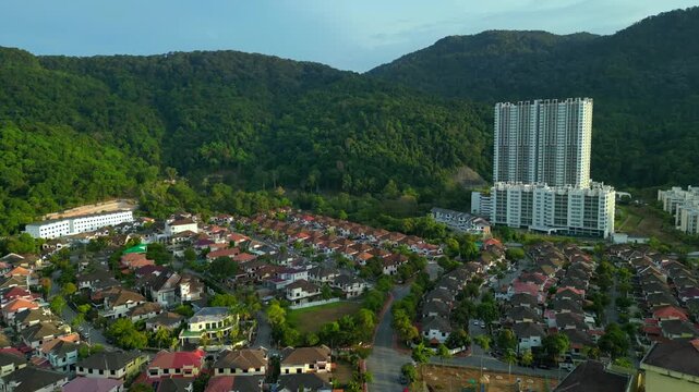 Row houses esidential area in Ferringhi hills. Majestic aerial view drone