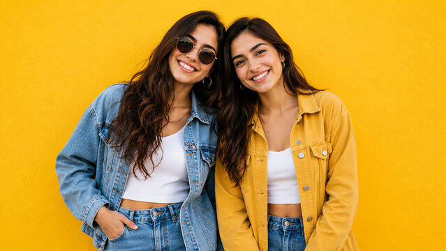 Two young women posing against a yellow wall a vibrant and contemporary photograph adults portrait female friends friendship duo pair people smiling happy cheerful positive