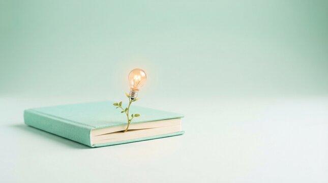 Conceptual image of a light bulb growing from a book representing education, innovation, and intellectual growth