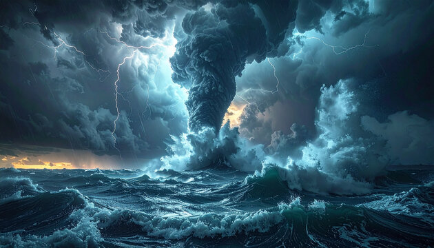 Dramatic Epic Ocean Tornado Under a Lightning Storm in a Photorealistic Style