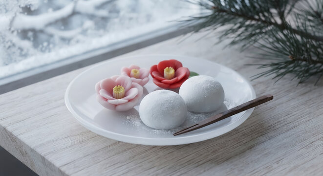 Japanese winter sweets Camellia Nerikiri and Mochi Daifuku on a white glass plate by a snowy window.
