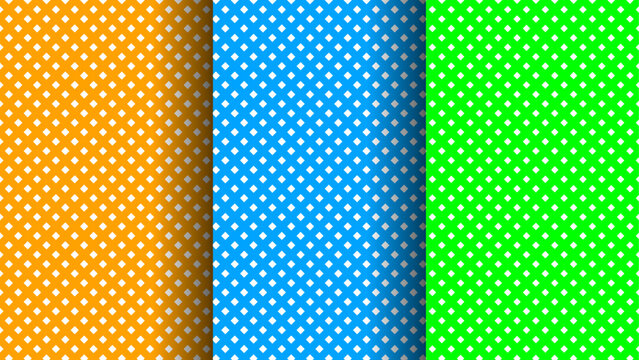 Multicolor collection of seamless polka dot patterns in orange blue and green with seamless
