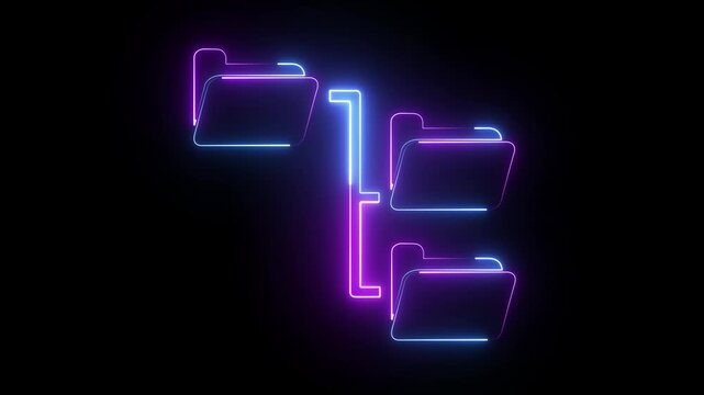 Neon Folder tree line icon on black background Computer network file folder organization structure flowchart glowing neon page file animation 4K Video.