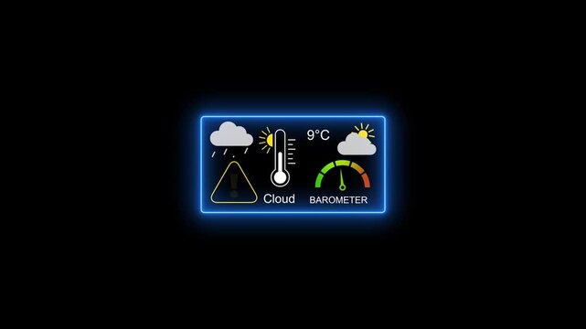 Digital weather dashboard interface with neon glow, temperature, and barometer gauge animation