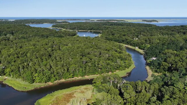 Healthy forest and marsh surrounds the scenic Arey's Pond in Orleans, Cape Cod, MA. This area of New England is a perfect area for sailboats during the warm summer months.