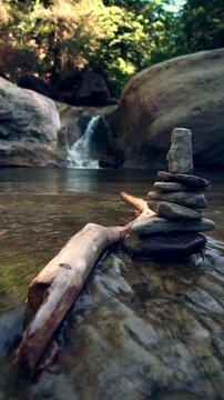 Flowing Spring Water & Zen Stone Tower - Mindful Nature 4K 30fps 100 Mbit color edited Version