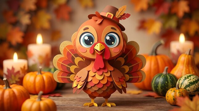 A cute cartoon turkey character standing among autumn pumpkins and candles to celebrate a festive happy thanksgiving day with warm seasonal fall decorations