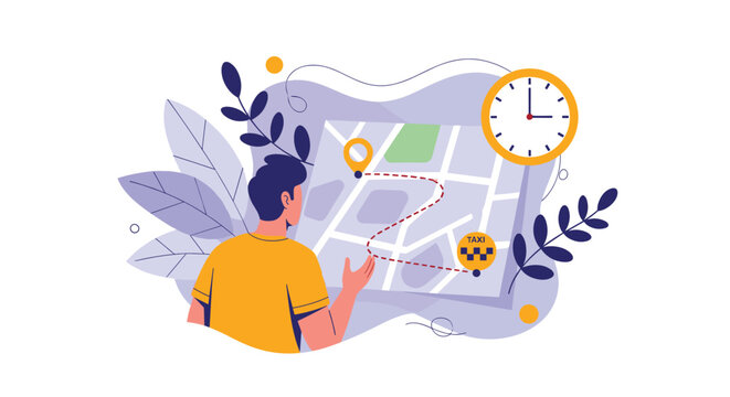 Young male customer planning his travel route with taxi ordering application on giant map with route and clock.